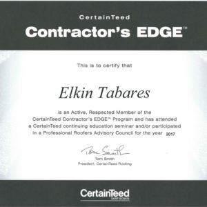 Elkin Tabares Certificate by CertaintTeed Contractor’s Edge